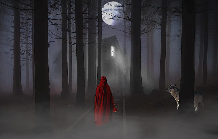 lluna plena, bosc, dona, llop, imaginació, Conte de fades, casa, arbres, por, vermell, vestit