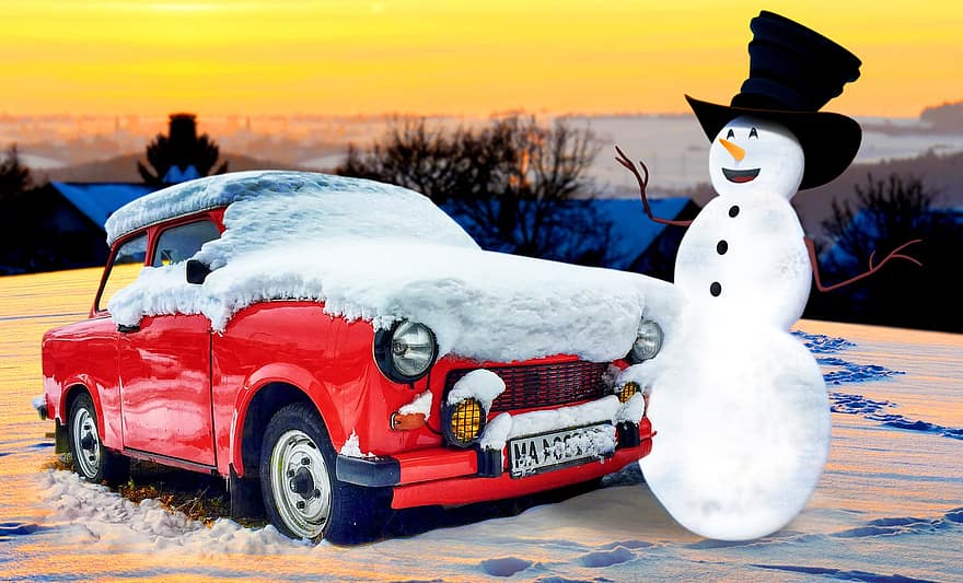 автомобиль, Trabant, Восточная Германия, зимний пейзаж, снег, Снежная машина, Снеговик, Трубка шляпа, заход солнца, Шаги в снегу, зимний сезон