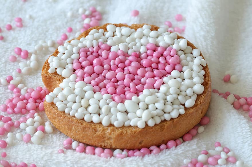 Biscuit With Mice, Sprinkles, Rusks, Baby Shower, Baby, Birth, Girl, Pink, White, Lying, Starting A Family