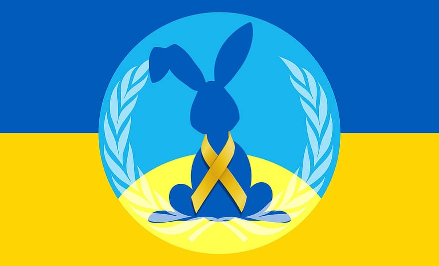 イースターのウサギ、ウクライナ、ウクライナの旗、バナー、イースター、イースター祭り、リボン、シンボル、図、ベクター、壁紙