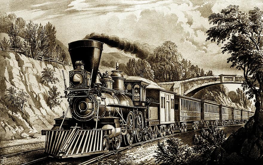 damptog, lokomotiv, tog, årgang, jernbane, transportmidler, litografi, antik, damp lokomotiv, damp maskine, brunt tog