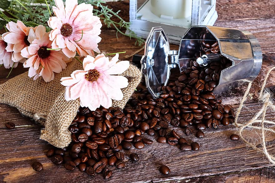 cafè, grans de cafè, tassa, flors, llibre, floral, juta, decoratiu, decoració, beure, al matí