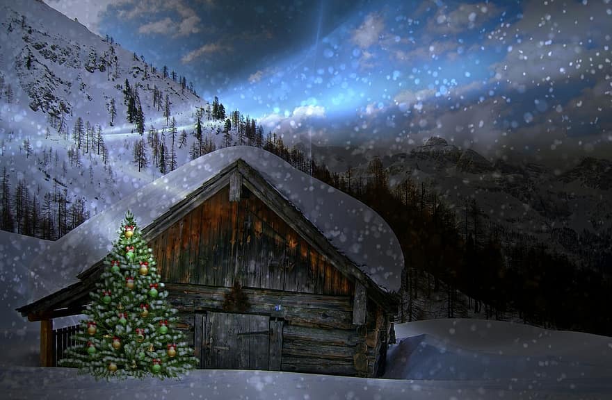 Natale, la neve, inverno, paesaggio di montagna, rifugio, nevoso, atmosferico, abete, capanna, alm, rifugio alpino