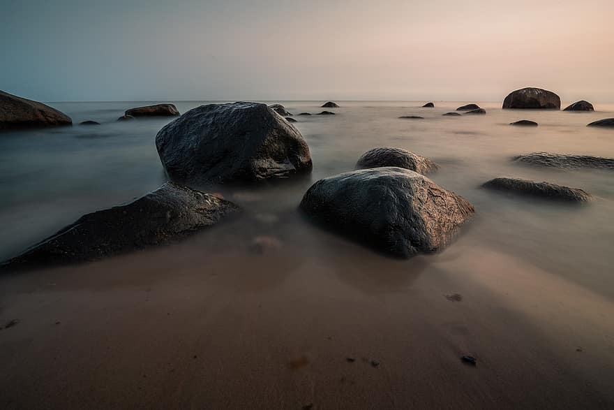playa, rocas, arena, mar, horizonte, marina, larga exposición, puesta de sol, oscuridad, Rügen