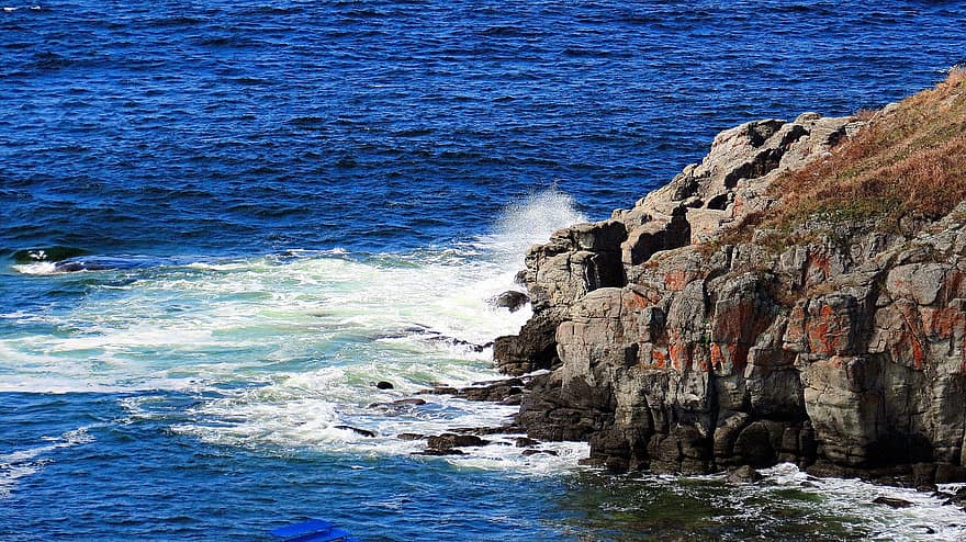 szikla, tenger, hullámok, tengerpart, sziklák, gerinc, fű, víz, hullám, kék, tengeri tájkép
