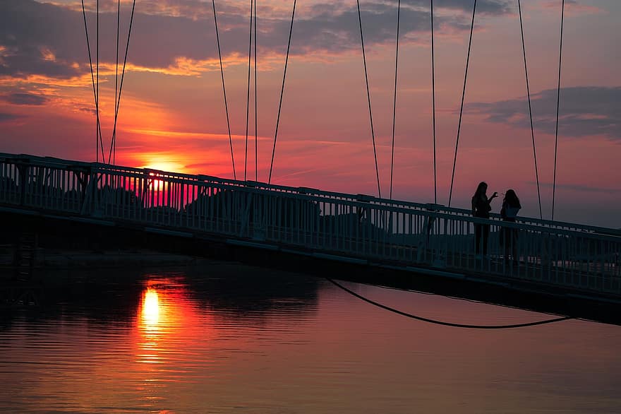 Sunset, Bridge, Sky, Nature, Clouds, Water, Dusk, Sun, Lake, River, Reflection