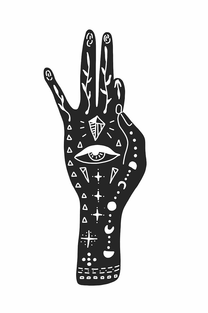 hand-, symbool, magie, teken, driehoek, oog, palm, icoon, occult, lezing, psychisch