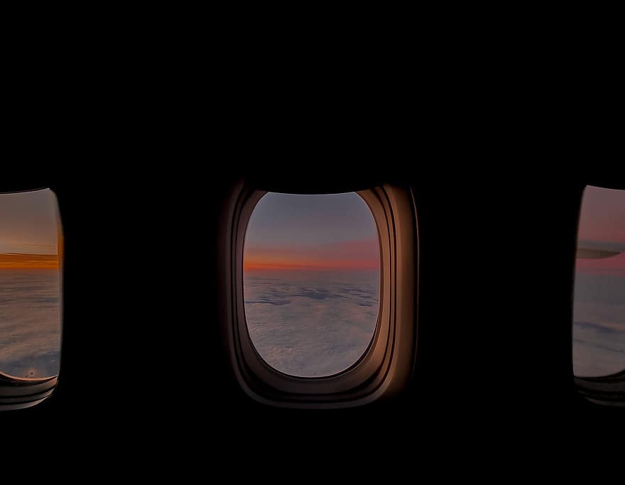 aereo, volo, tramonto, viaggio, nuvole