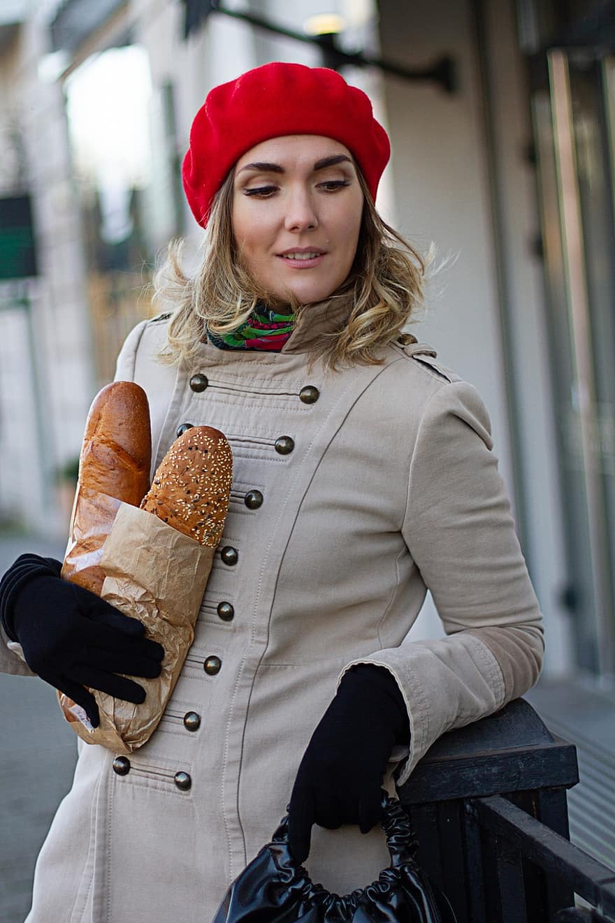 kobieta, chleb, dziewczynka, styl francuski, młody, beret, kapelusz, płaszcz, piekarnia