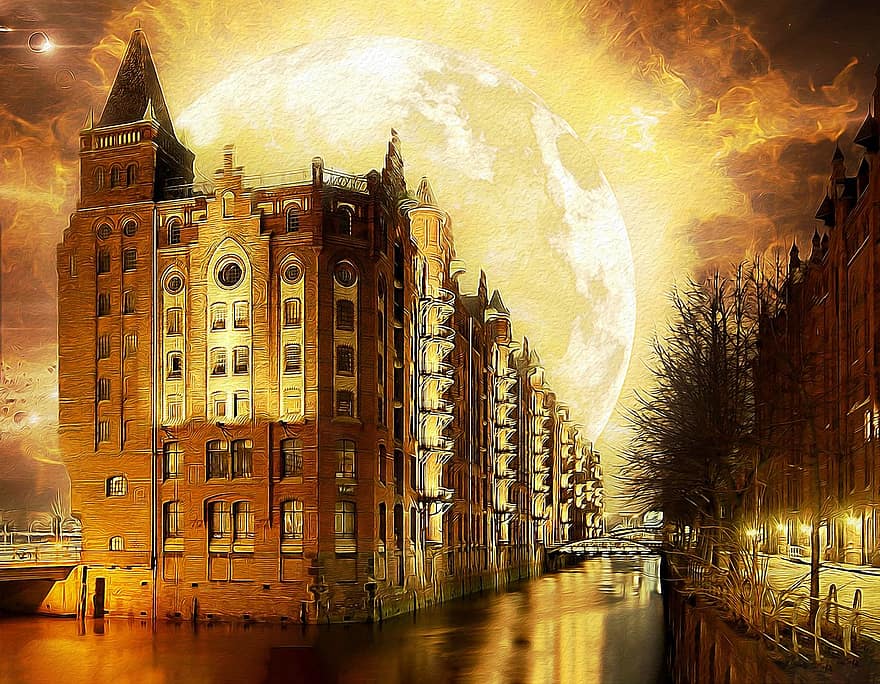 immeubles, rivière, pleine lune, lunaire, lune, apocalypse, Hambourg, Armageddon, ville, Allemagne, architecture