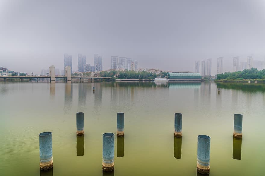 Kina, tianjin, sjö, damm, stadsbild