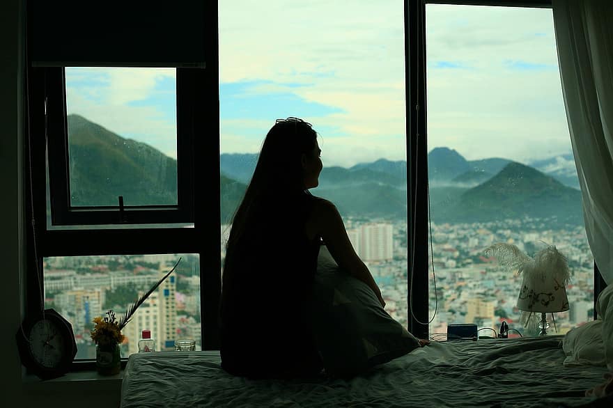dívka, osamělý, okno, sedící, Deprese, silueta