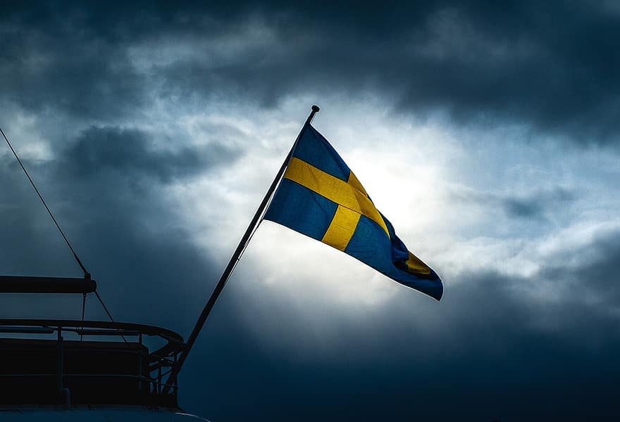 vlag, Zweedse vlag, symbool, vlaggestok, vliegend, hemel, wolken