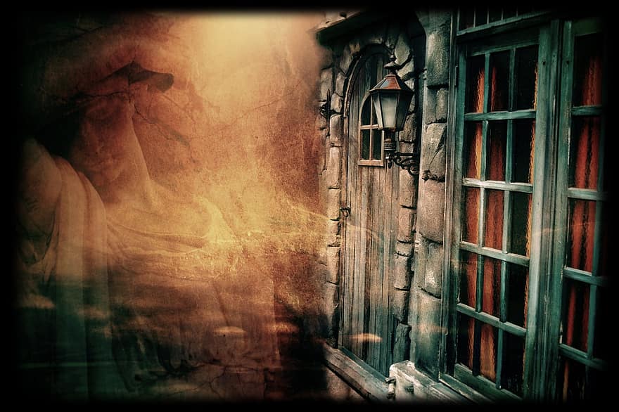 Fantazja, cień, drzwi, okno, ciemny