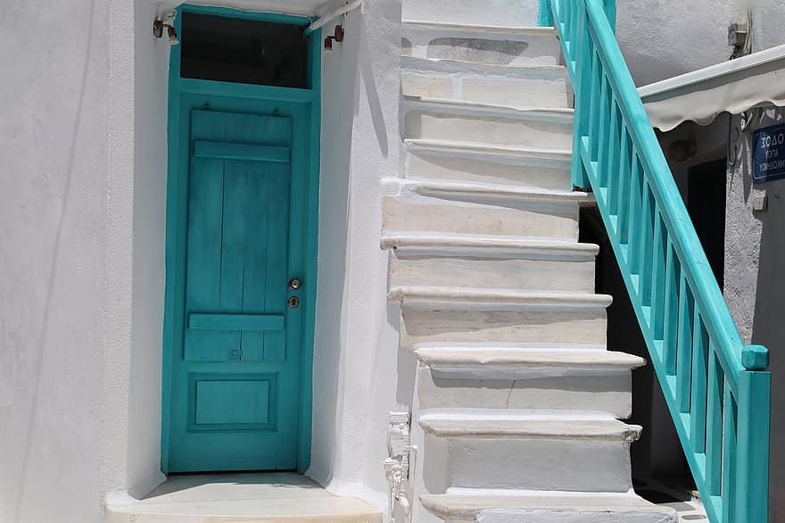 naxos, Griekenland, huis, voordeur, trap, historisch centrum, turkoois, stenen trap