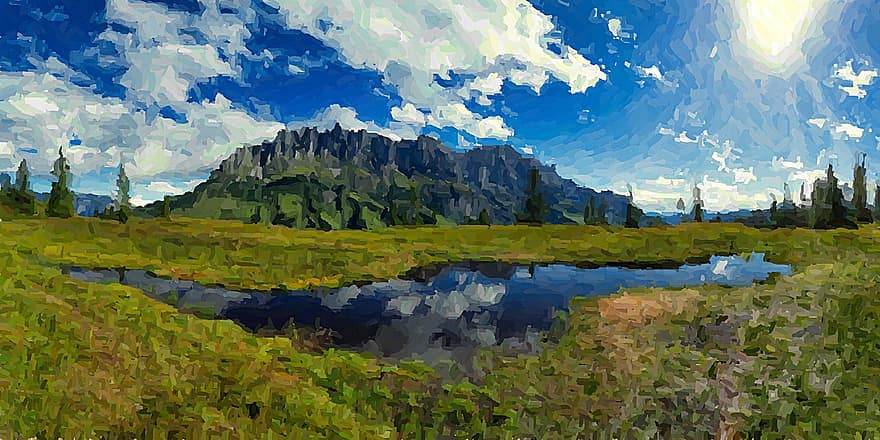 lukisan cat minyak, gunung, danau, lukisan, seni, karya seni, pegunungan Alpen, Austria, padang rumput, pemandangan