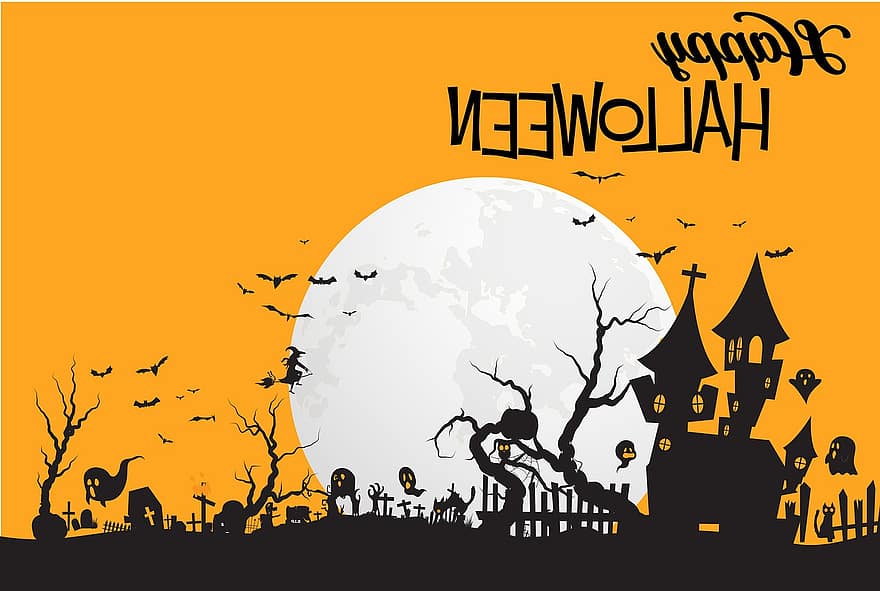 Halloween, Gruß, Fröhliches Halloween, Karte, Grußkarte, Silhouetten, Mond, Vollmond, Halloween-Ikone, Spukhaus, Fledermäuse