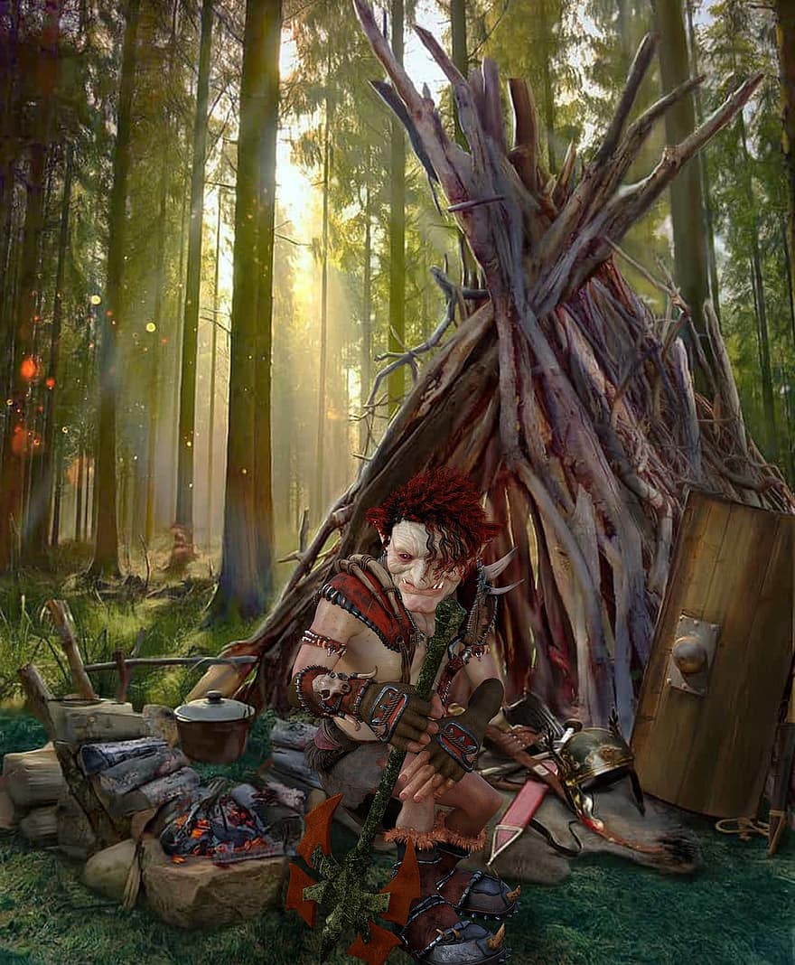 fantasia, elf, guerrer, boscos, càmping, campament
