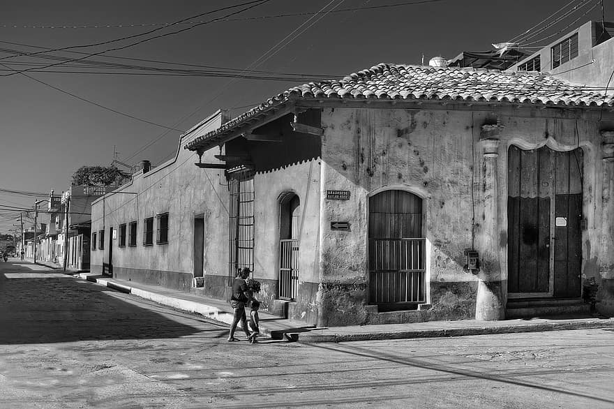 Town, Street, Monochrome, Houses, Village, Road, black and white, architecture, men, cultures, old