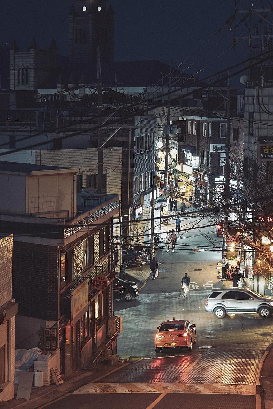 Dél-Korea, utca, Szöul, napnyugta, szürkület, város, tájkép, filmfotózás