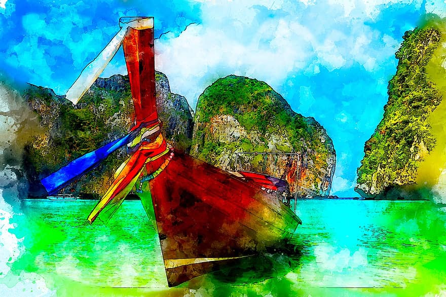 båt, hav, Strand, fjell, vannfarge, natur, årgang, fargerik, kunstnerisk, tekstur, design