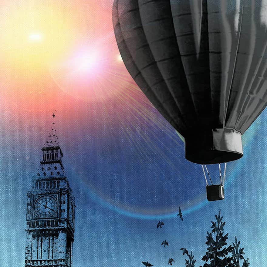 balon, lot balonem, wieża kościelna, słońce