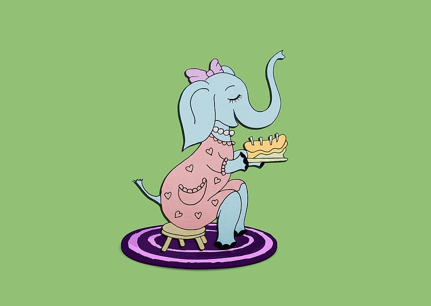 Elefant, Kuchen, Geburtstag, Herrin, süß, lustig, Tier, Fantasie, heiter