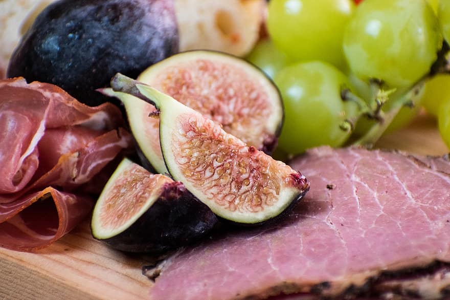 Figs, Charcuterie Board, Meat, food, fruit, close-up, freshness, gourmet, prosciutto, slice, pork