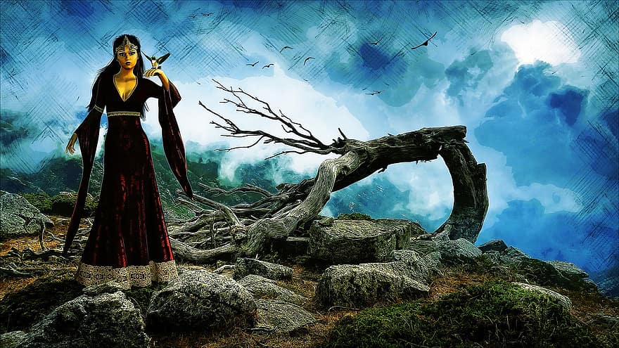 dziewczynka, Góra, Fantazja, drzewo, chmury, bajka, mistyczny, Natura, ptaki, kamienie, sukienka