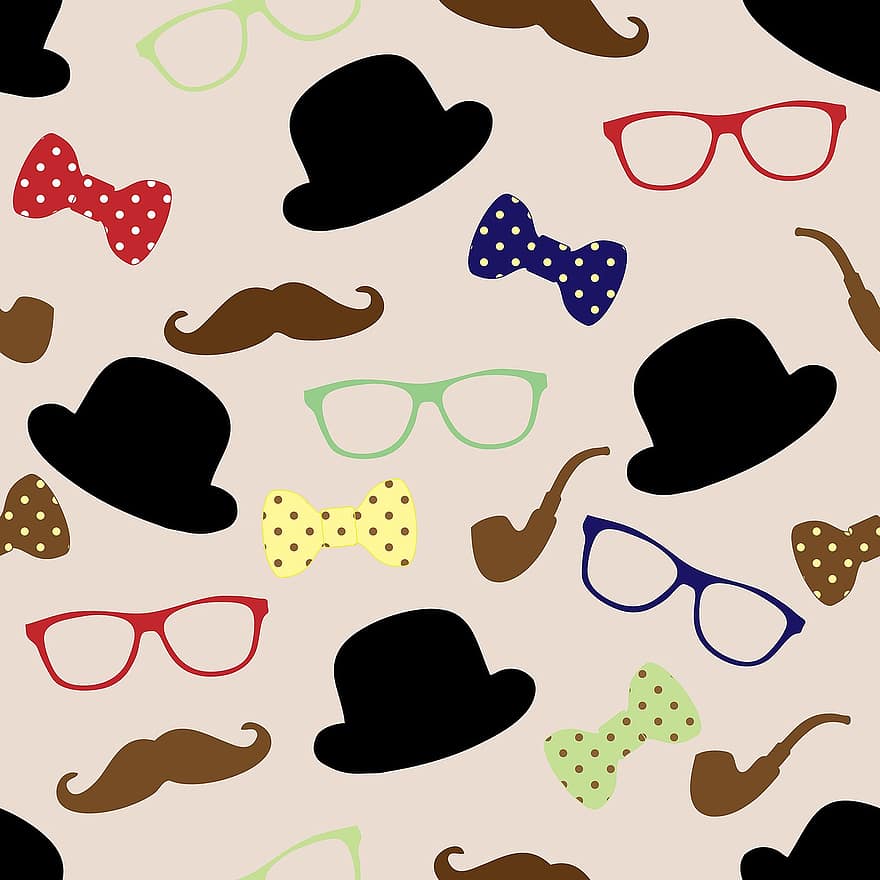 bajusz, kalap, tekéző, keménykalap, nyakkendő, csokornyakkendő, szemüveg, zökkenőmentes, tapéta, papír, háttér