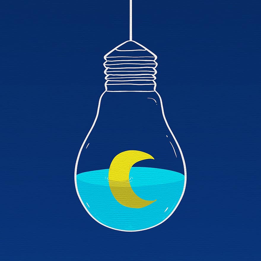 Cartoon, Imagination, Creativity, Light Bulb, Moon, Water, Night, Light, Blue Moon, Blue Cartoon