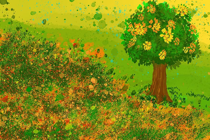 चित्र, वॉटरकलर वाली पेंटिंग, घास का मैदान, प्रकृति, फूल, परिदृश्य, मैदान