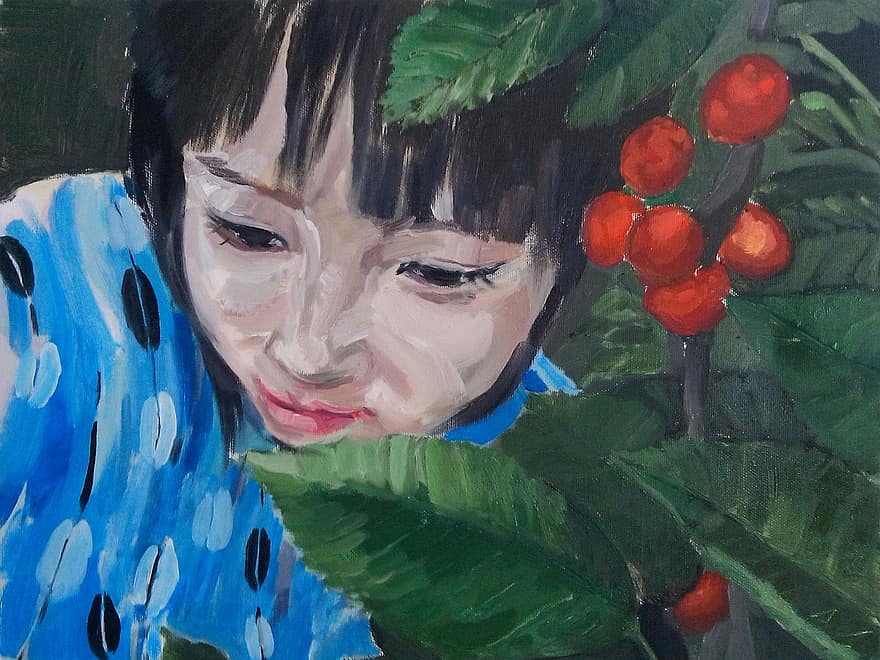 oljemålning, karaktär, Tian Wei, flickor