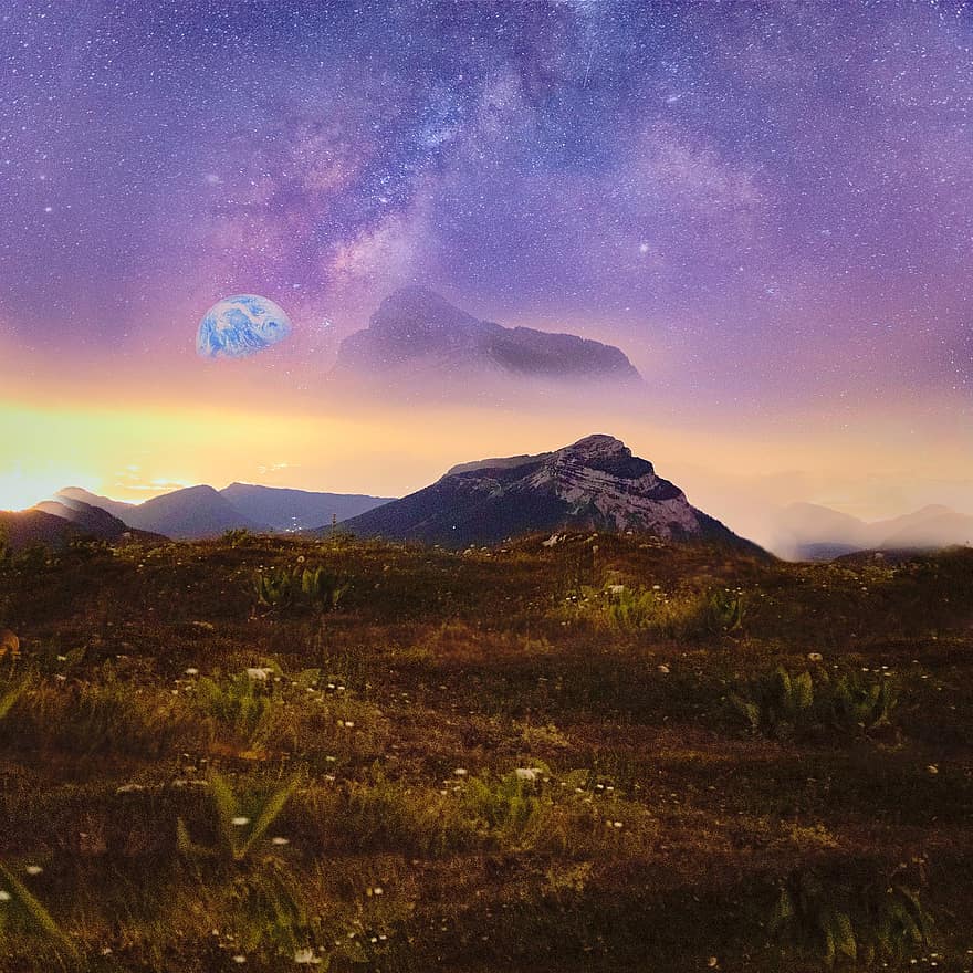 Mountain, Earth, Planet, Stars, Astronomy, Astrography, Landscape, Milky Way, Constellations, World, Galaxy