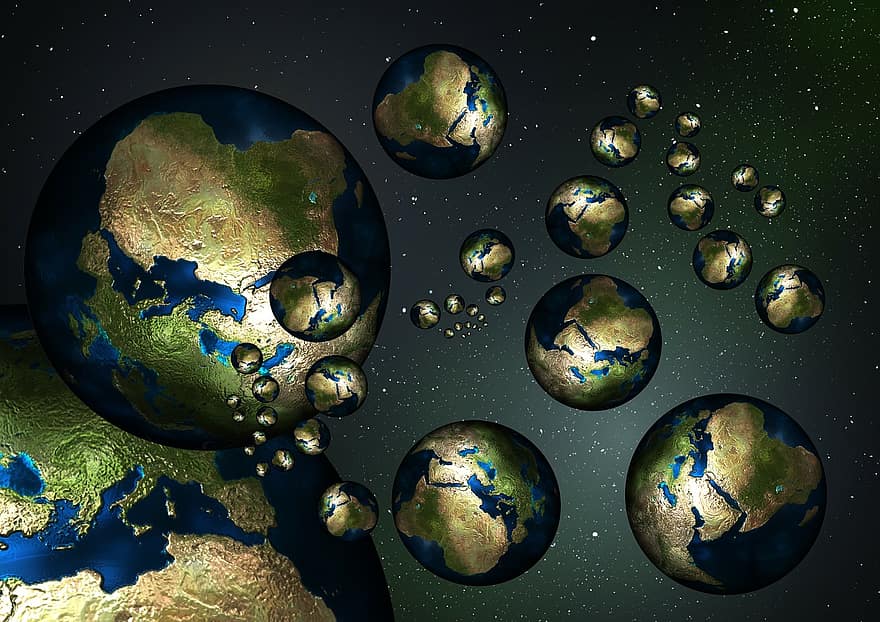 globo, tierra, país, continentes, muchos, universo, universo paralelo, mundo paralelo, multiverso, ciencia ficción, artificial