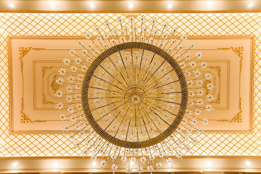 Chandelier, Crystal Lamps, Ceiling, Lights, Light Fixture, decoration, backgrounds, luxury, pattern, design, gold