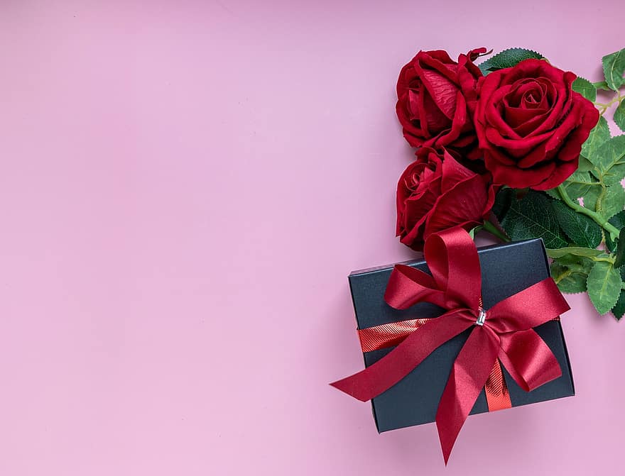 Gift, Roses, Background, Flat Lay, Valentine, Flowers, Ribbon, Gift Box, Present, Surprise, Birthday