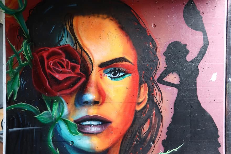 mulher, grafite, arte, urbano, lata de spray, dançar, prazer, arte de parede, pulverizador, arte de rua, mural