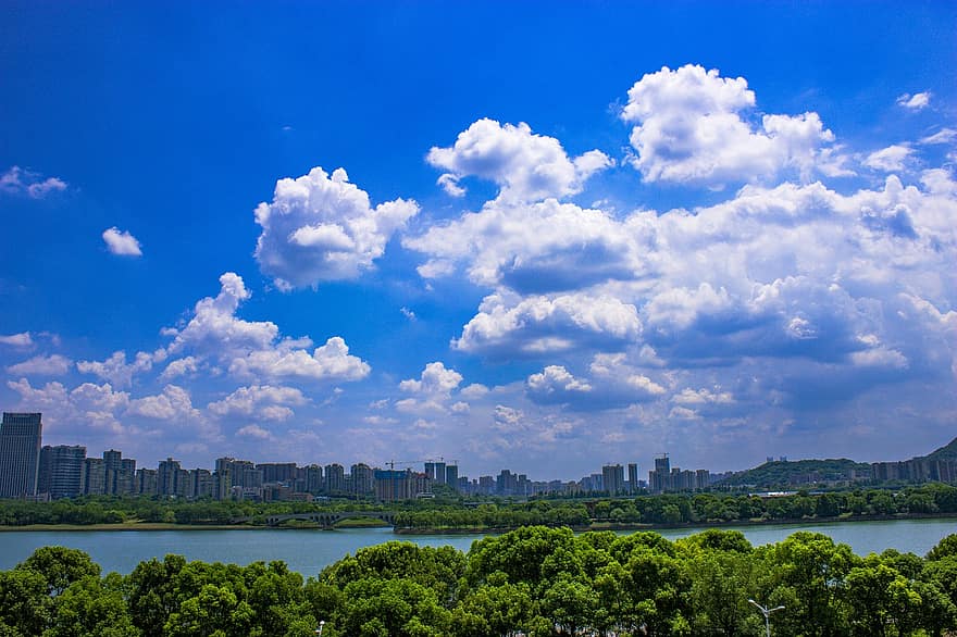 City, Skyline, Lake, River, Urban, Buildings, Clouds, Sky, Nature, blue, cloud