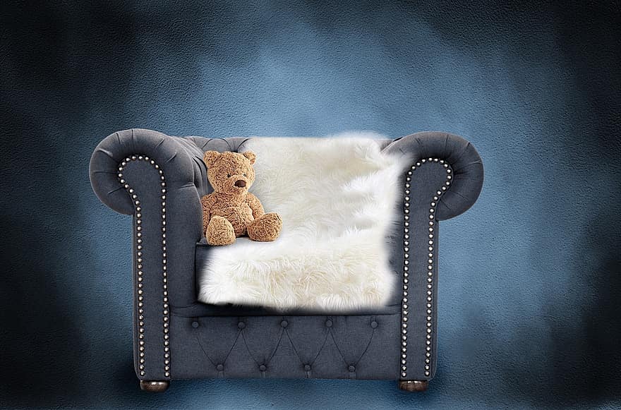 urso Teddy, cadeira, bicho de pelúcia, urso de pelúcia, bebê, recém nascido, fofa, digital, dormir, tiroteio, pano de fundo
