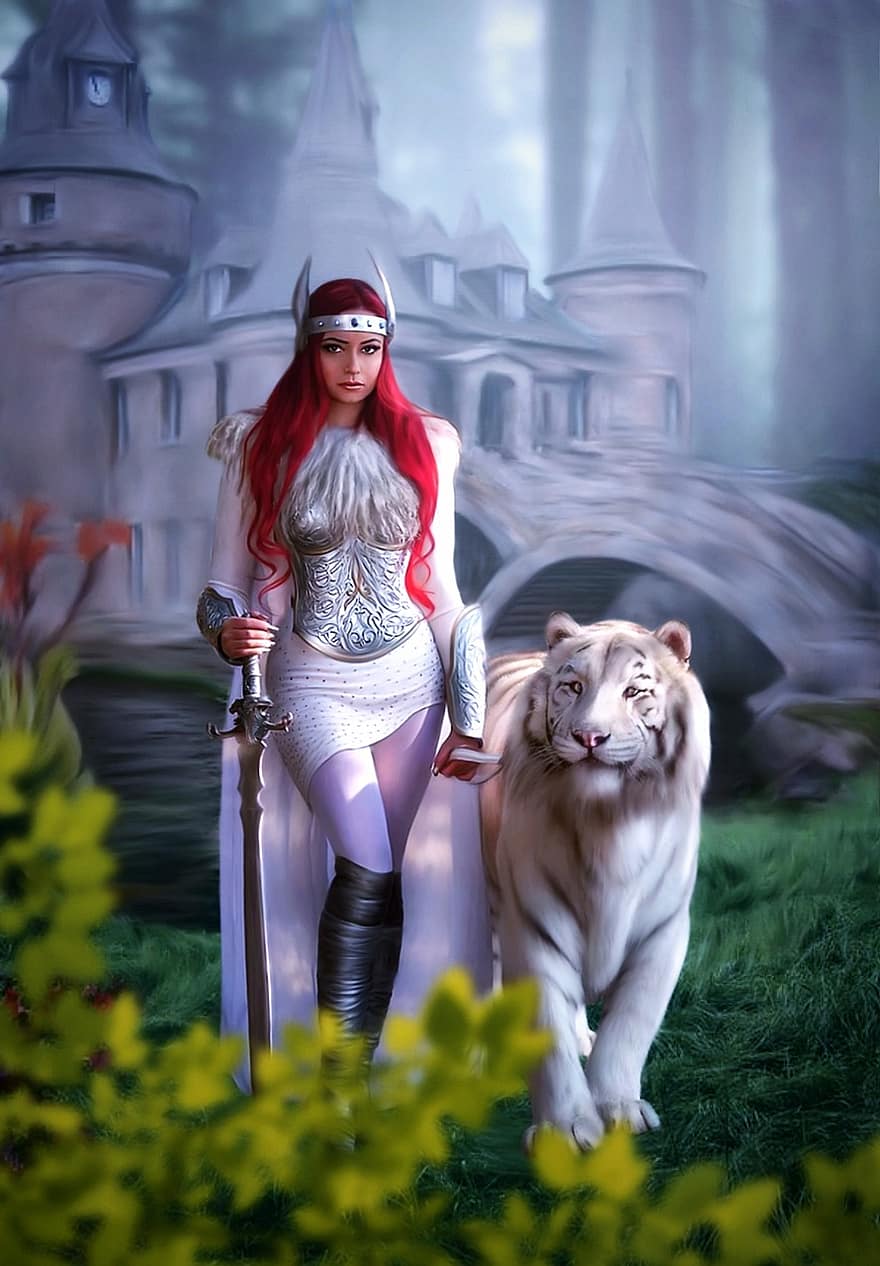 hrad, žena, tygr, bílý tygr, bojovník, královna, meč, fantazie, nadreálný, malování, digitální malba
