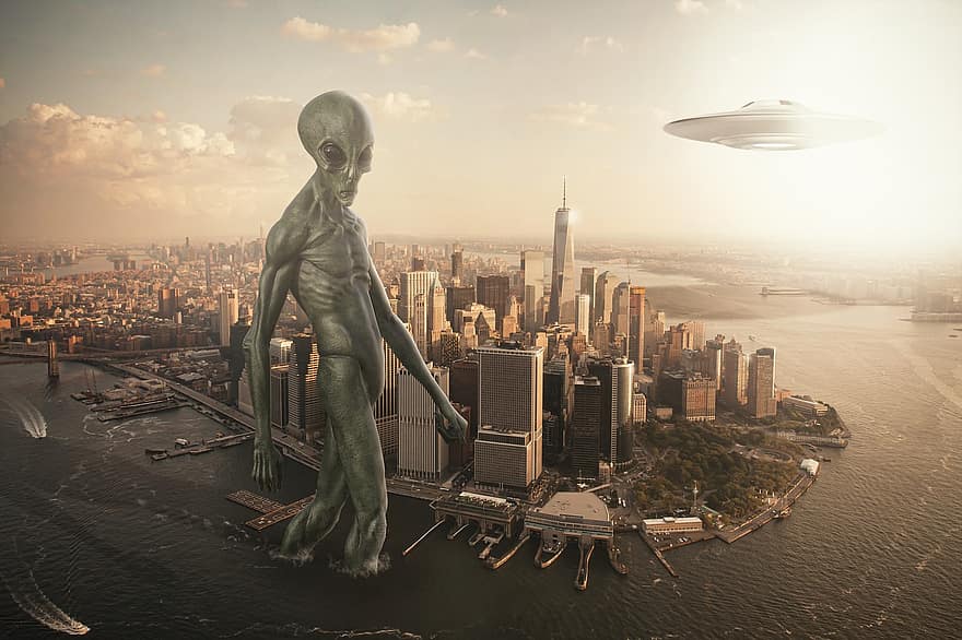 Ausländer, UFO, New York, Raumschiff, nach vorne, futuristisch, Fantasie, Fotomontage, eine Lüge, seltsam, sci fi