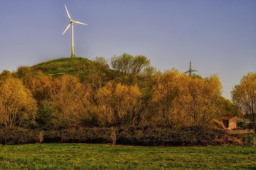 Windmill, Hill, Meadow, Trees, Field, Grassland, Wind Turbine, Wind Power, Landscape, Countryside