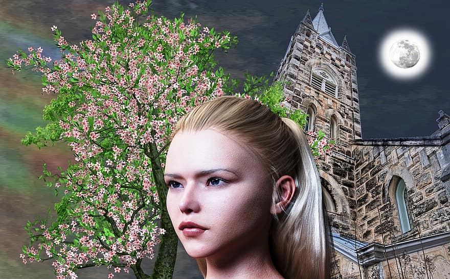 Woman, Young, Face, Moon, Fantasy, Surreal, Flowering Tree, Stone Church, Architecture, Stone Walls, Mystery