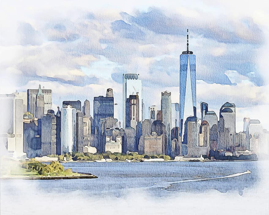Niujorkas, panorama, dangoraižis, pastatai, akvarelė, nyc, architektūra, miesto vaizdą