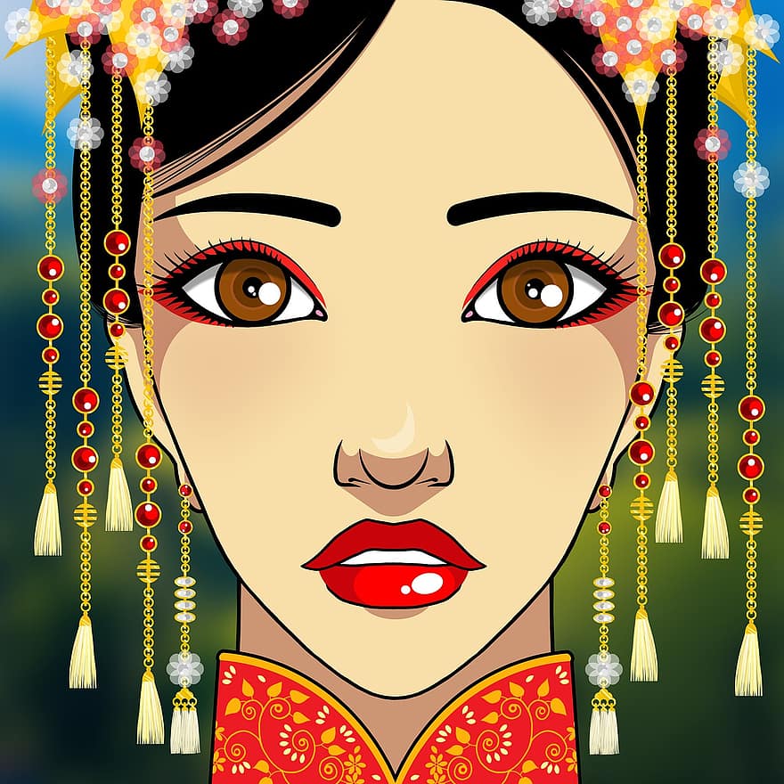 kvinne, brud, ung, juveler, elegant, bryllup, Kina, Asia, ekteskap, kinesisk, tradisjonell