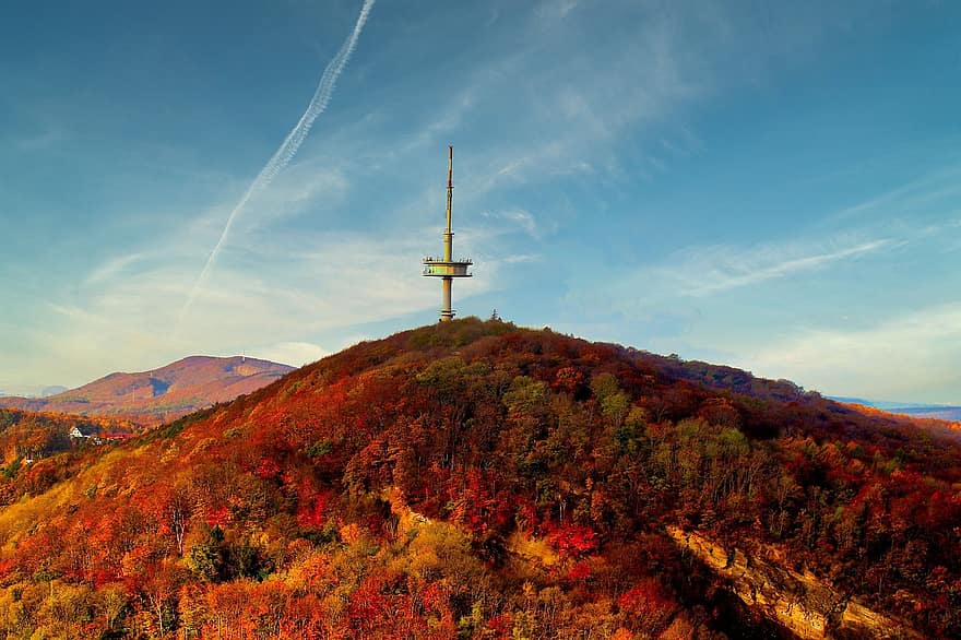Якобсберг, хълм, падане, есен, природа, пейзаж, дървета, телекомуникационна кула, кула, porta westfalica, по хълмовете
