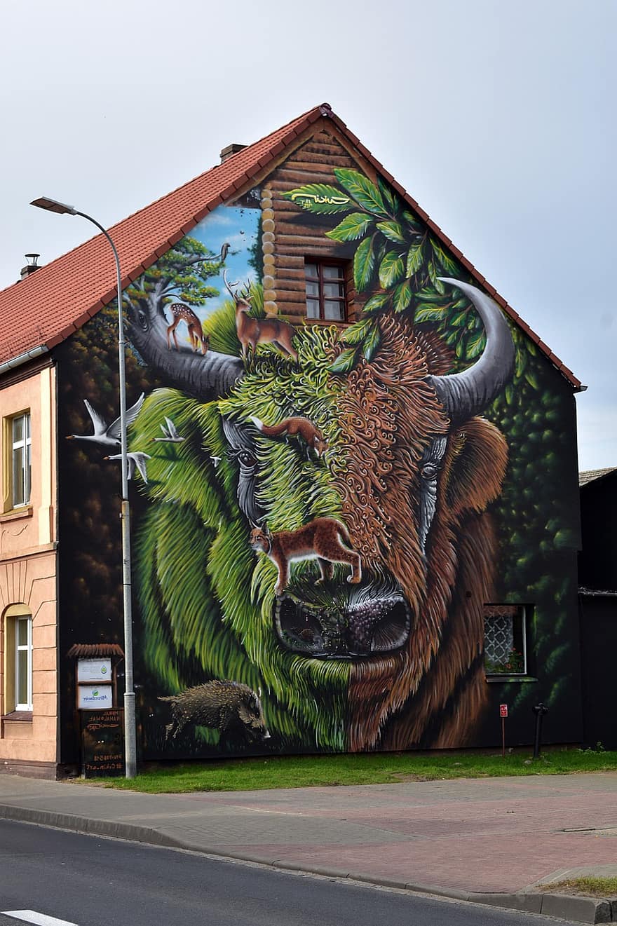 mural, graffiti, pictură, oraș, casă, perete, animal