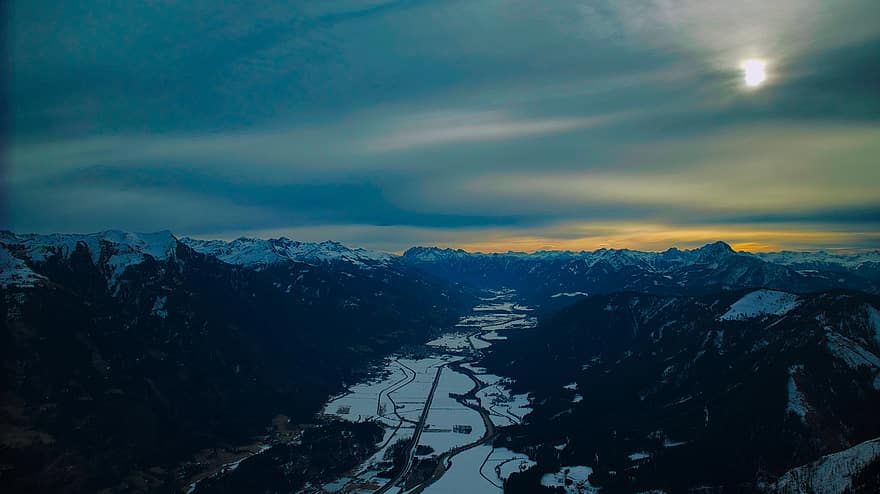 Berg, Landschaft, Alpen, Wolken, Sonnenuntergang, Winter, Hintergrund, Österreich, Natur, Wald, Pfad