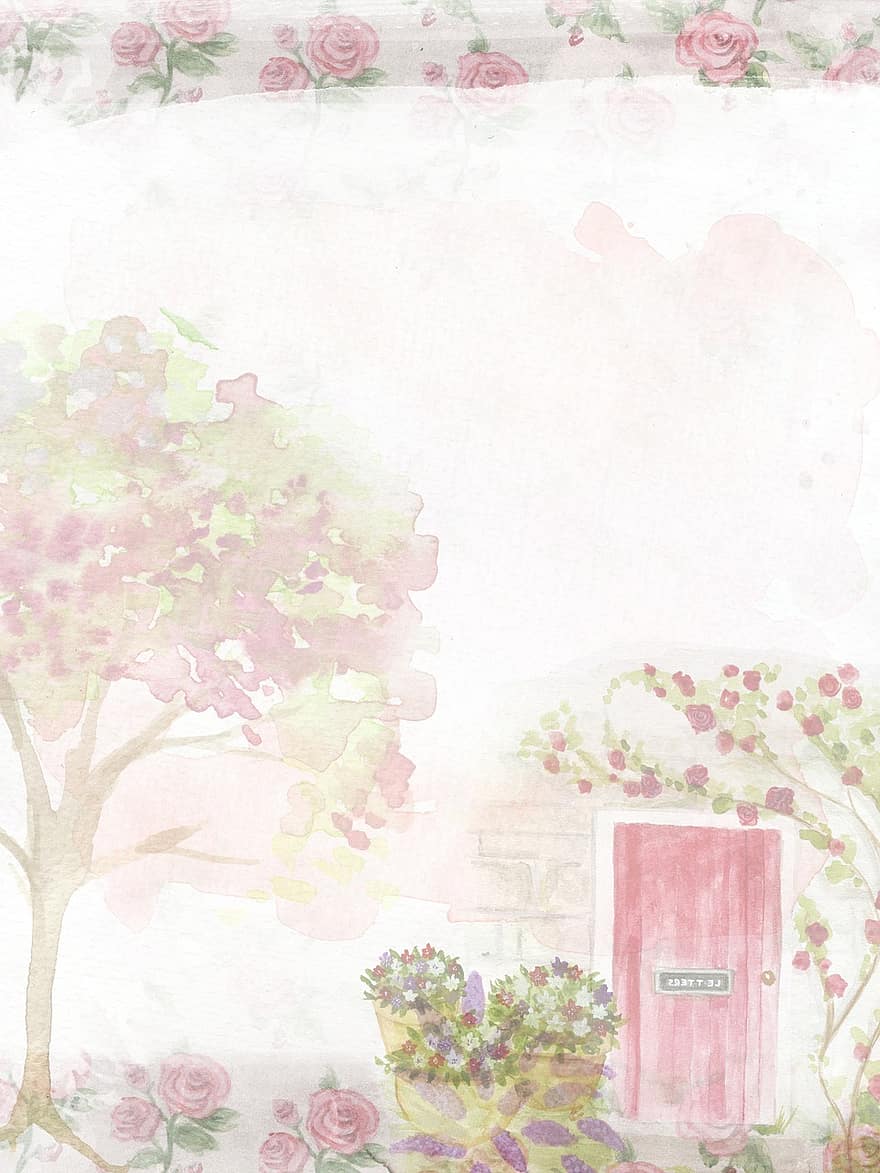 mjuk, rosa, reste sig, bakgrund, dörr, träd, romantisk, kastruller, blommor, tulpaner, porträtt